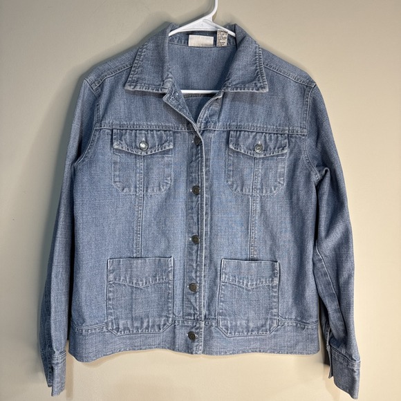 Chicos Jean Jacket Womens Size 1 Button Light Blue  Denim Jacket Size M - Picture 11 of 14